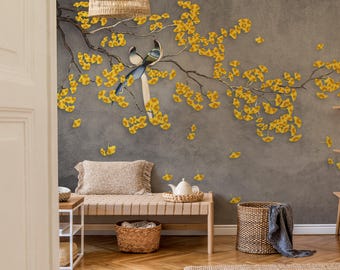 Tapeta w żółte kwiaty w stylu Chinoiserie – samoprzylepna