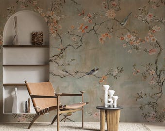 Peel and Stick-behang kersenbloesemvogel, muurschildering chinoiserie, vintage bloemenbehang