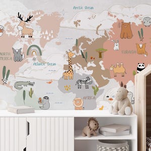 Cartoon Tiere Weltkarte, Lernwandkarte, Tapete abziehen und aufkleben, Kinder Tapete, Karte Wandtattoo, Kinder Wandbild, Kinderzimmer Tapete