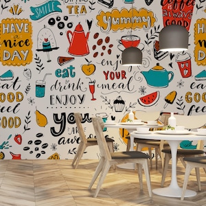 Yummy Foods Cafe Tapete, Coffee Shop Peel and Stick Decor, rustikale Küchen Bistro Wandkunst, gemütlicher Cafe Stil für Privat- und Geschäftsräume
