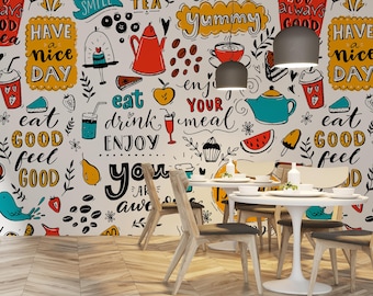 Yummy Foods Cafe Wallpaper, Coffee Shop Peel and Stick Decor, Rustic Kitchen Bistro Wall Art, Cozy Cafe Style for Home & Business Spaces