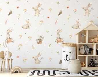 Nursery Rabbit Wallpaper – Baby Room Peel and Stick Mural