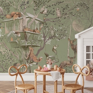 Luxus Grün Waldtiere Schälen und Aufkleben Wandbild – Kinderzimmer Wand Dekor