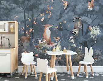 Papel pintado de animales del bosque azul: mural autoadhesivo para habitación infantil