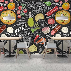 Carta da parati Pizza Slices Food Cafe, decorazione da staccare e attaccare Fast Food, arte murale rustica da cucina e bistrot, stile accogliente da caffetteria per spazi domestici e commerciali