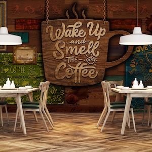 Carta da parati Wake Up Coffee Cafe, decorazione da staccare e attaccare per caffetteria, arte murale rustica da cucina e bistrot, stile caffetteria accogliente per spazi domestici e commerciali