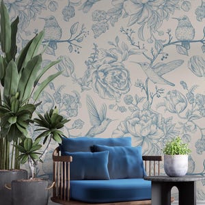 Blue Chinoiserie Pattern Wallpaper – Peel and Stick Wall Mural