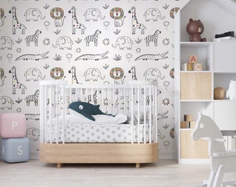 Carta da parati con animali da safari per cameretta dei bambini - Murale da parete staccabile e attaccabile nella giungla