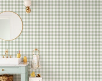 Green Gingham Plaid Peel and Stick Nursery Wallpaper, Removable Kids Room Wall Mural Wallpaper