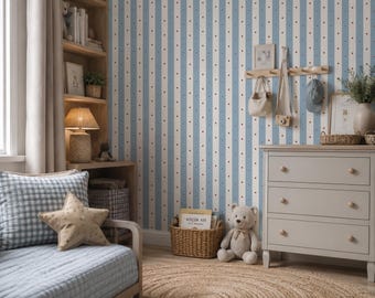 Blue Striped Wallpaper, Red Polka Dot Boys Room Decor, Classic Nursery Wallpaper, Playful Kids Bedroom Wall Covering