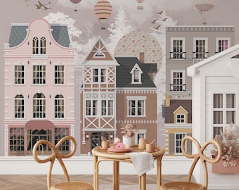 Joli papier peint pour enfants avec vue sur la ville, papier peint pour chambre d'enfant, amovible, oeuvre d'art murale pour chambre d'enfant, sticker mural pour chambre d'enfant