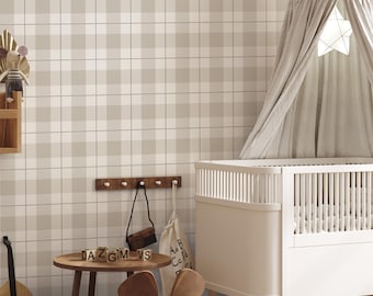 Papel pintado autoadhesivo de cuadros vichy beige para habitación infantil, papel pintado minimalista escandinavo suave y extraíble para niños