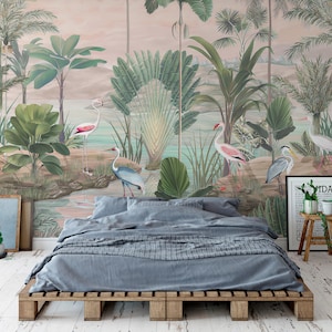 Behang roze flamingo en groen blad – verwijderbare peel-and-Stick-muurschildering