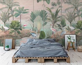 Pink Flamingo and Green Leaf Wallpaper – Removable Peel and Stick Mural
