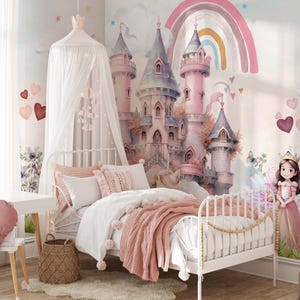 Pink Castle Rainbow Wallpaper – Peel and Stick Nursery Wall Mural