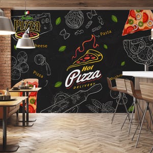 Carta da parati Hot Pizza Food Cafe, decorazione da parete chic e alla moda, murale da staccare e attaccare, arte murale rimovibile, carta da parati da caffè, murale da parati
