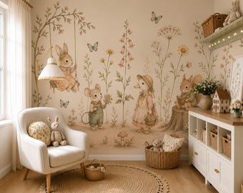 Woodland Animal Wall Mural, Storybook Nursery Wallpaper, Vintage Floral Kids Room Decor, Rabbit Duck and Squirrel Mural