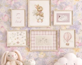 Pastel Peel-and-Stick kinderkamerbloemenbehang, aquarelbloem kinderbehang, Cottagecore-muurschildering