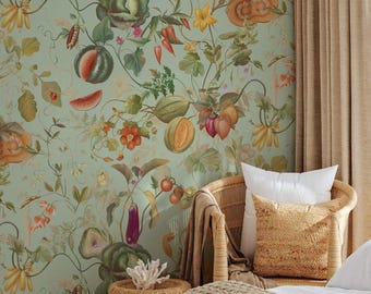 Green Vegetable Pattern Wallpaper, Vintage Floral Wallpaper, Floral Peel and Stick Wallpaper, Removable Botanical Wallpaper, Fruit Wallpaper