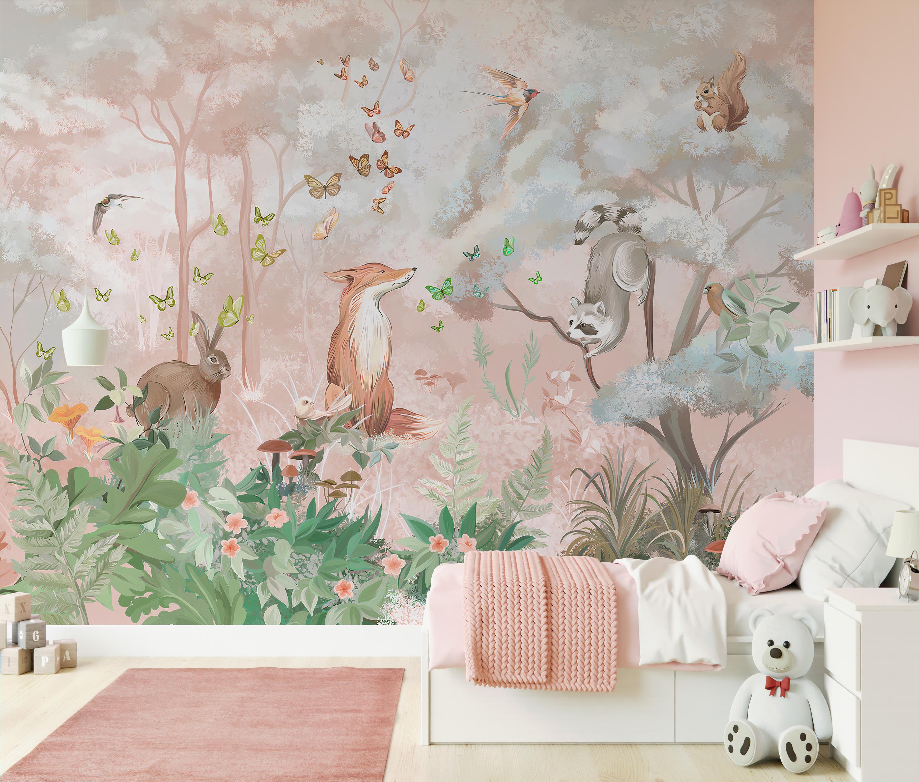 Pink Forest Animals Peel and Stick Nursery Wallpaper, Removable Kids ...