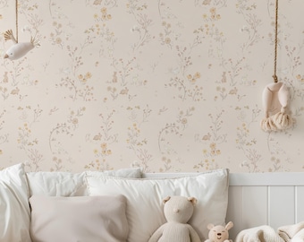 Pastel Floral Bunny Peel and Stick Nursery Wallpaper, Soft Beige Woodland Baby Wallpaper