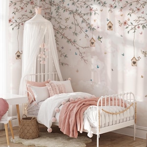 Carta da parati per bambini Chinoiserie rosa, carta da parati floreale staccabile e attaccabile, carta da parati rimovibile, murale Chinoiserie, carta da parati floreale, murale con uccelli