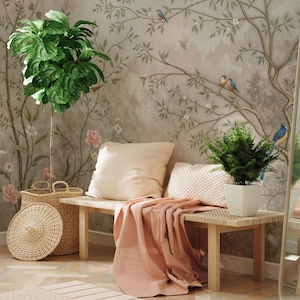 Bird and Floral Wall Mural – Peel and Stick Chinoiserie Wallpaper | Removable Botanical Bedroom Decor