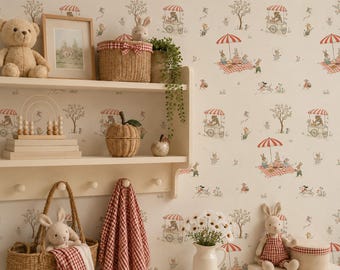 Woodland Animal Wallpaper, Bunny Picnic Nursery Decor, Vintage Kids Room Wallpaper, Red Gingham Peel and Stick Wall Covering