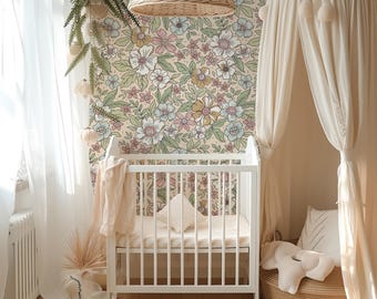 Boho kinderkamerbehang pastel bloemen, zachte vintage bloemen Peel and Stick kindermuurschildering