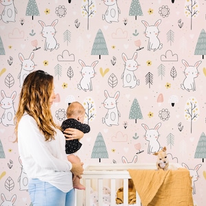 Cute Bunny Trees Pink Pattern Wallpaper, Kids Wallpaper Peel and Stick, Nursery Wall Decal, Removable Wallpaper Kids, Nursery Wallpaper