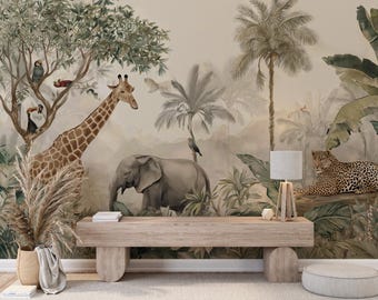 May include: A mural depicting a jungle scene with a giraffe, elephant, and leopard. The artwork features palm trees, lush foliage, and birds. A wooden bench and lamp are in the foreground, with a neutral color palette creating a serene atmosphere. The mural is suitable for home decor.