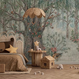 Mother of Forest Birch Tree Wallpaper, Kids Wallpaper Peel and Stick, Nursery Cute Bird Mural, Removable Wallpaper, Nursery Wallpaper, Green