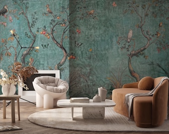 Papel pintado botánico chinoiserie verde: elegante mural autoadhesivo