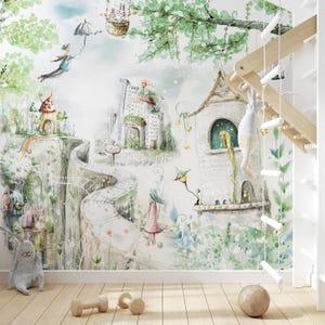 May include: A watercolor mural featuring a whimsical cityscape with a winding path, a flying figure with an umbrella, and a small girl walking on the path. The mural is painted in shades of green, blue, and white.
