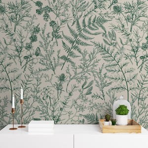 Green Fern Botanical Wallpaper, Peel and Stick Removable Mural, Dark Floral Wall Art for Living Room, Moody Nature Wall Decor, Floral Mural