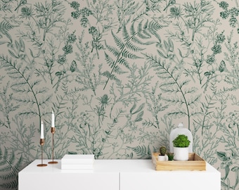 Green Fern Botanical Wallpaper, Peel and Stick Floral Wallpaper, Removable Wallpaper Floral, Living Room Floral Mural Wallpaper, Modern Wall