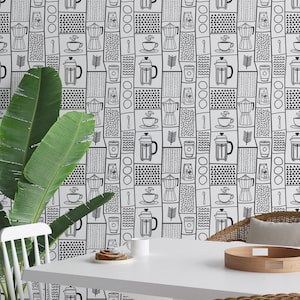Carta da parati minimalista "Teapot Cafe", decorazione murale chic e alla moda, carta da parati murale staccabile e attaccabile, arte murale rimovibile, carta da parati da caffè, carta da parati murale