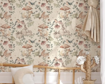 Vintage Rabbits Beige Nursery Wallpaper, Peel and Stick Kids Wallpaper, Removable Kids Wallpaper, Nursery Art Wall Decal, Nursery Home Decor