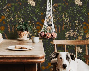 Papel pintado floral autoadhesivo de estilo botánico oscuro, mural de pared removible de jardín floral minimalista vintage