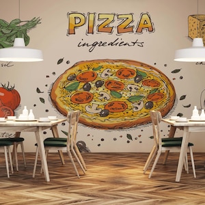 Carta da parati Pizza Ingredients Cafe, decorazioni per alimenti da staccare e attaccare, arte murale rustica da cucina e bistrot, stile bar accogliente per spazi domestici e commerciali
