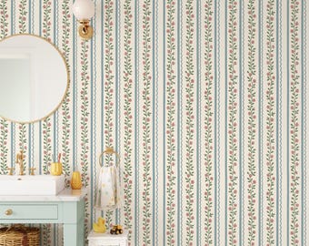 Vintage Floral Stripe Wallpaper, Peel and Stick Kids Wallpaper, Nursery Pattern Removable Mural