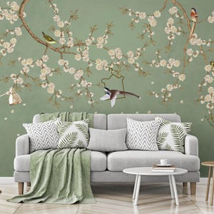 Green Chinoiserie Birds Wallpaper – Peel and Stick Botanical Mural | Removable Floral Wall Art for Living Room or Bedroom Decor