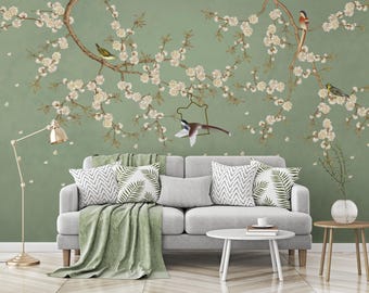 Green Chinoiserie Birds Wallpaper – Peel and Stick Wall Mural