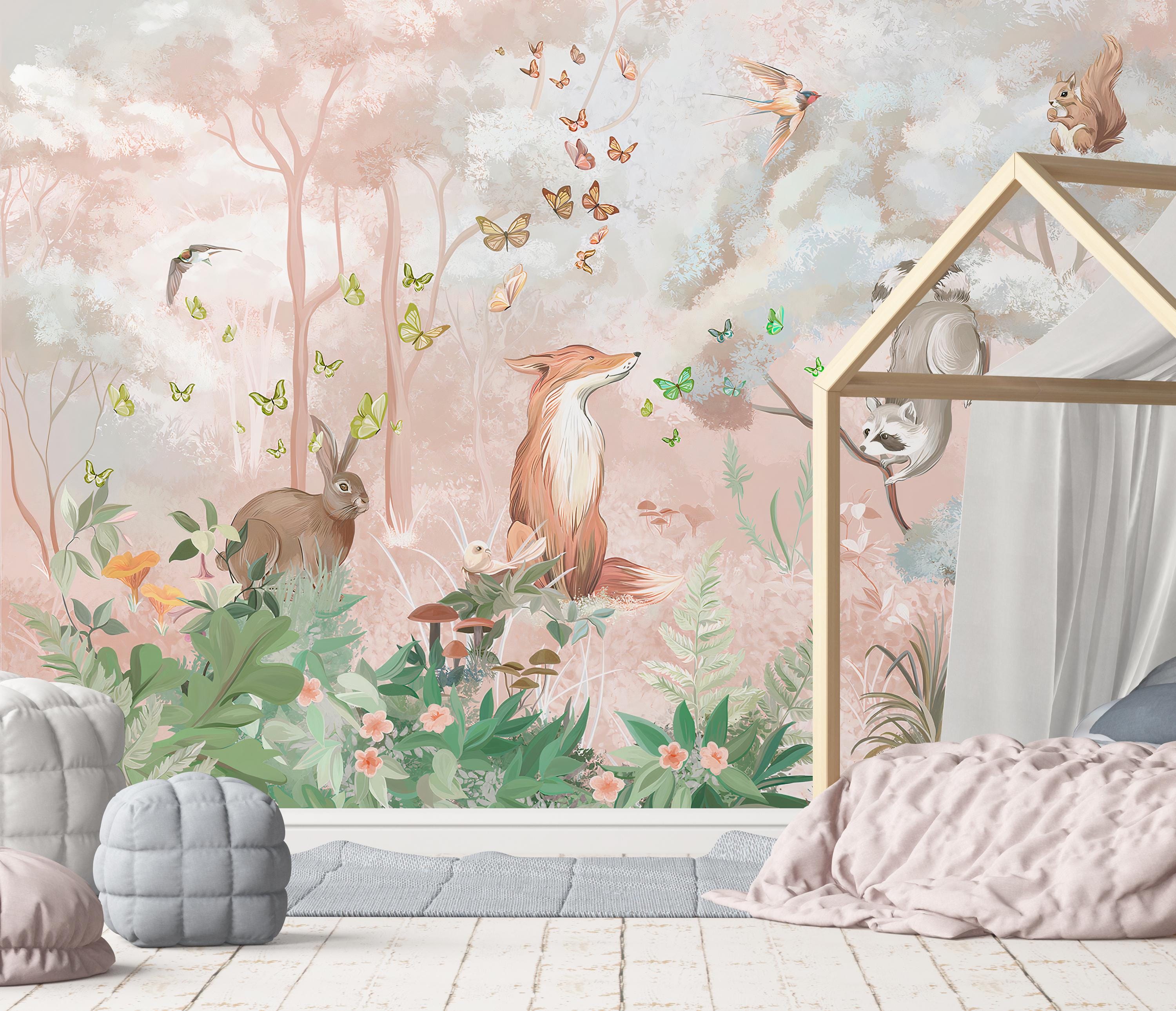Pink Forest Animals Peel and Stick Nursery Wallpaper, Removable Kids ...