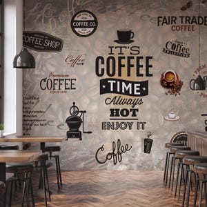 Carta da parati Coffee Time Cafe, decorazione da staccare e attaccare per caffetteria, arte murale rustica da cucina e bistrot, stile bar accogliente per spazi domestici e commerciali