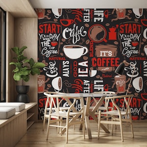 Carta da parati Daily Coffee Cafe, decorazione da parete chic e alla moda, murale da staccare e attaccare, arte murale rimovibile, carta da parati da caffè, murale da parati