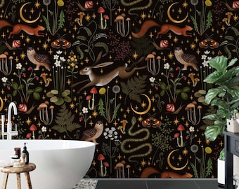 Papel pintado floral de animales oscuros – Mural de pared autoadhesivo