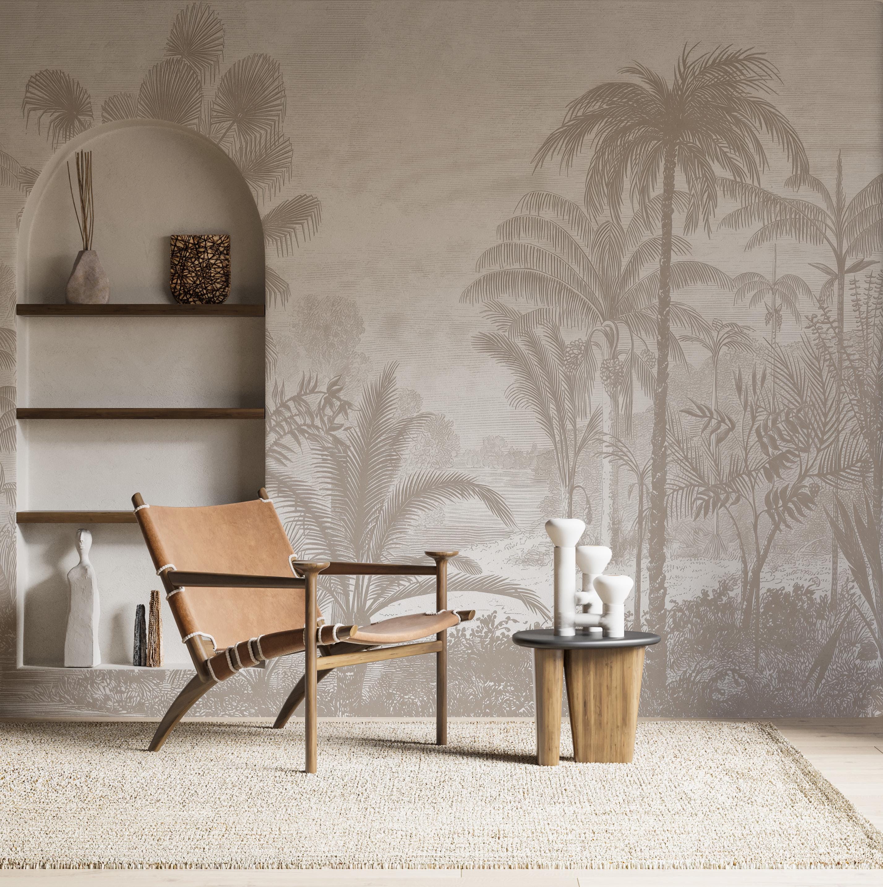 Neutral Palm Tree Wall Mural, Minimal Palm Jungle Tropical Peel and