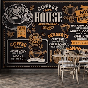 Carta da parati Coffee Desserts Cafe, decorazione da staccare e attaccare per caffetteria, arte murale rustica da cucina e bistrot, stile bar accogliente per spazi domestici e commerciali