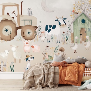 Farm Animals Kids Wallpaper – Peel and Stick Nursery Wall Mural | Removable Tractor & Barnyard Decor for Toddler or Baby Room